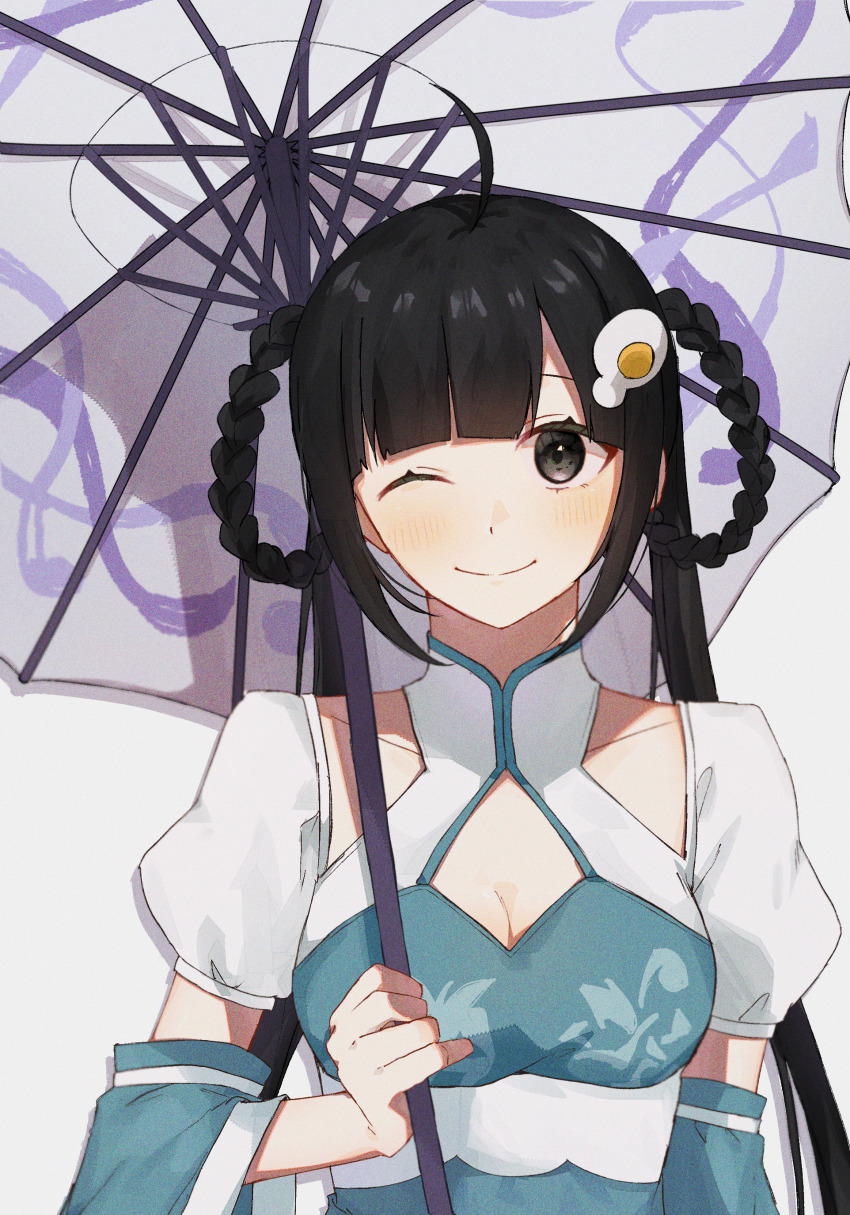 1girl absurdres alternate_hairstyle aqua_dress araragi_tsukihi arm_at_side black_eyes black_hair blunt_bangs blush braid braided_hair_rings breasts china_dress chinese_clothes cleavage cleavage_cutout closed_mouth clothing_cutout collarbone commentary detached_sleeves dress egg_hair_ornament film_grain floral_print floral_print_dress food-themed_hair_ornament fried_egg hair_ornament hair_rings highres holding holding_umbrella light_blush long_hair long_sleeves looking_at_viewer mandarin_collar medium_breasts monogatari_(series) obi oil-paper_umbrella one_eye_closed parasol print_dress puffy_short_sleeves puffy_sleeves purple_umbrella sao_(55_nyu) sash short_sleeves shoulder_cutout simple_background smile solo standing twintails two-tone_umbrella umbrella upper_body very_long_hair white_background white_sash white_umbrella