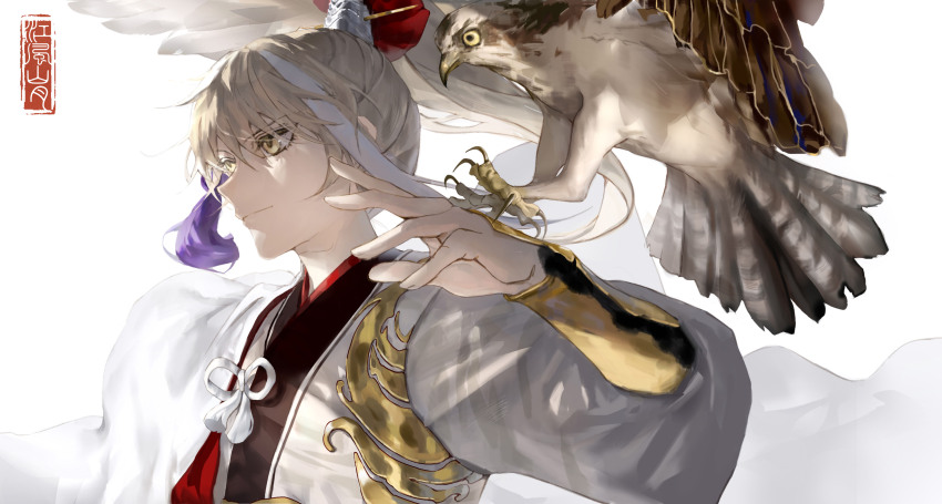 1boy absurdres archer_(fate/samurai_remnant) arm_guards bird bird_request blonde_hair chinese_clothes chinese_hairpin falconry fate/samurai_remnant fate_(series) hair_ornament hanfu high_ponytail highres long_hair male_focus multicolored_hair ponytail sidelocks simple_background smile solo streaked_hair tassel tassel_hair_ornament tenderina_123 upper_body white_background white_hair white_hanfu xiao_guan_(headdress) yellow_eyes