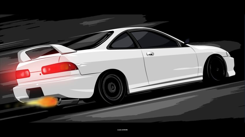 artist_name car fire glowing highres honda honda_integra kaiware motion_blur motor_vehicle no_humans original shadow spoiler_(automobile) sports_car vehicle_focus white_car