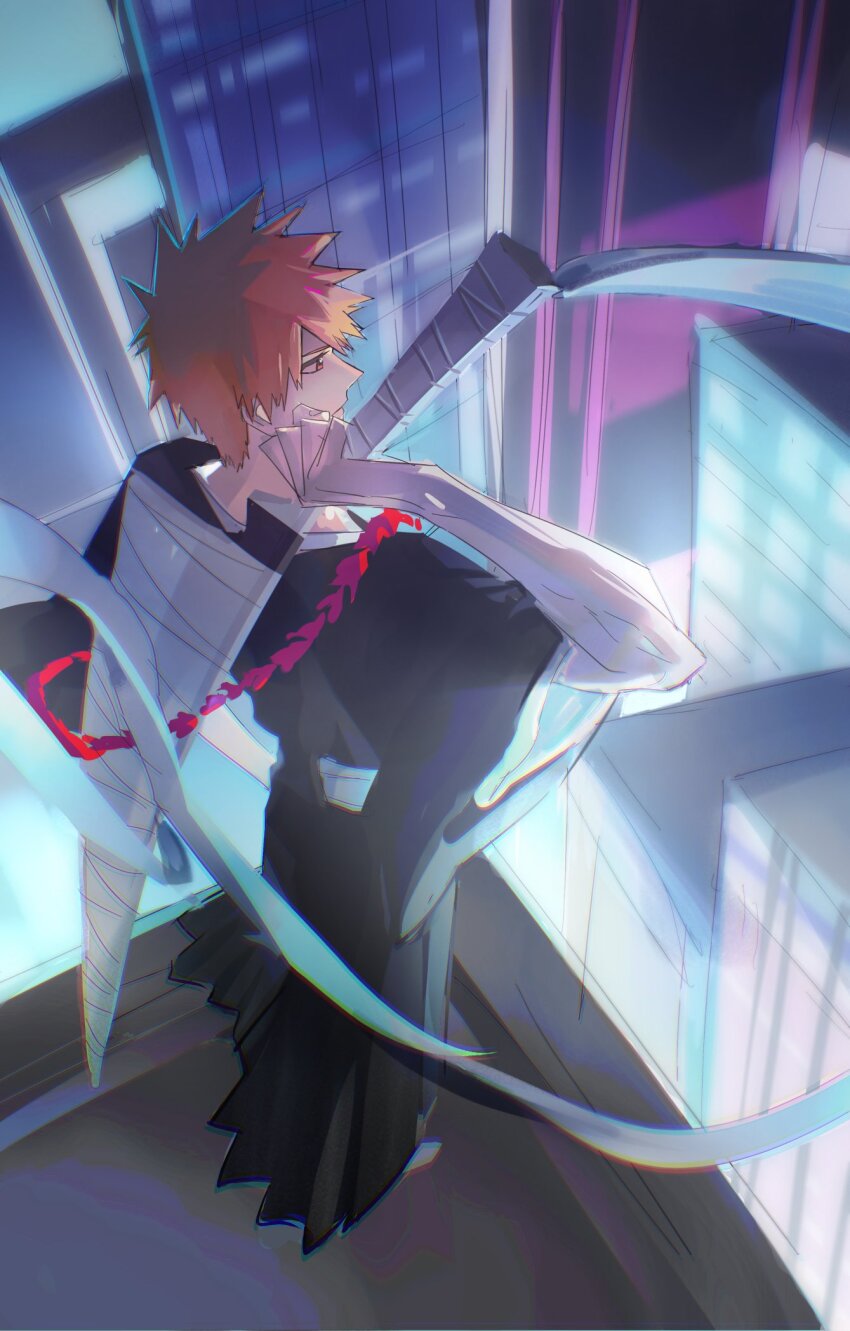 1boy bandages black_hakama black_kimono bleach brown_eyes building city city_lights cityscape hair_between_eyes hakama highres holding holding_weapon japanese_clothes kimono kurosaki_ichigo male_focus night night_sky orange_hair outdoors scenery shihakusho shinigami short_hair sky solo spiked_hair sword weapon zangetsu_(shikai) zangjun zanpakutou