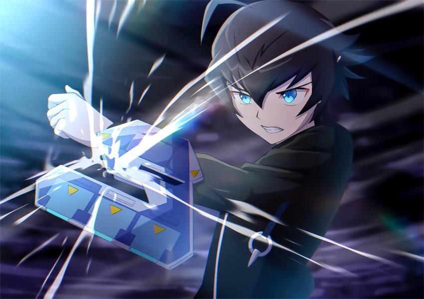 1boy ahoge atltax_00 battle black_background black_coat black_hair blue_eyes border clenched_hand clenched_teeth coat duel_disk facing_to_the_side highres light_particles looking_to_the_side male_focus ornate_border outstretched_arm smoke sougetsu_manabu sparks teeth white_trim wind yu-gi-oh! yu-gi-oh!_go_rush!!