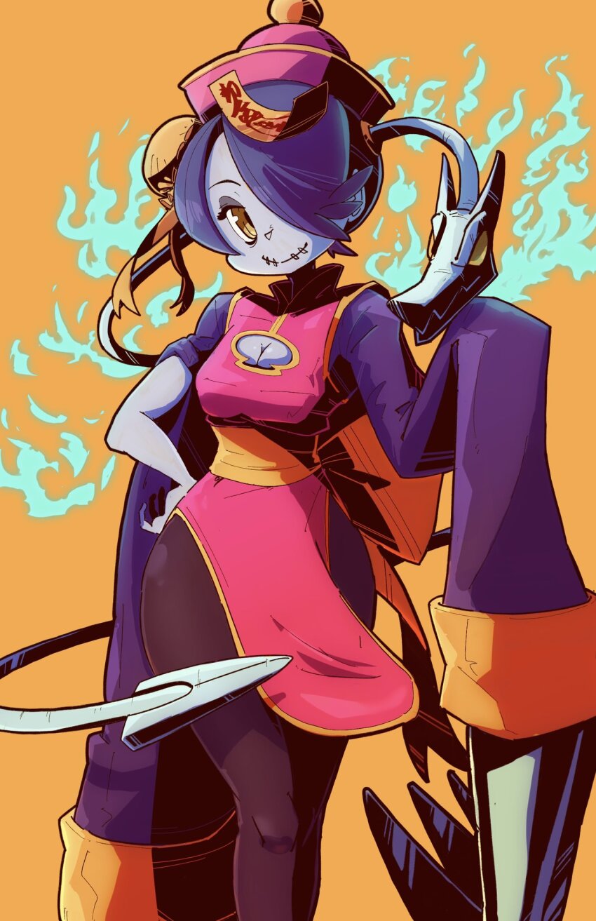 1girl blue_hair blue_skin breasts cleavage cleavage_cutout clothing_cutout colored_skin cosplay cowboy_shot darkstalkers fire hair_bun hair_over_one_eye hands_on_own_hips hat highres hsien-ko_(cosplay) hsien-ko leviathan_(skullgirls) long_sleeves looking_at_viewer medium_breasts neko_mata_g ofuda pantyhose skullgirls smile solo squigly_(skullgirls) stitched_mouth stitches yellow_background yellow_eyes zombie
