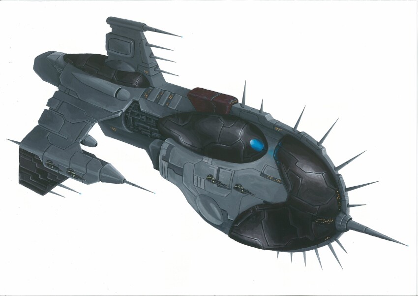 absurdres amarr_empire_(eve_online) battlecruiser_(eve_online) cannon commentary concept_art energy_cannon eve_online from_side glowing highres military_vehicle morality-gradient original pirate_faction_(eve_online) sansha&#039;s_nation_(eve_online) science_fiction simple_background spacecraft spikes turret vehicle_focus white_background