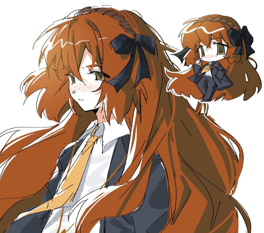 1girl black_bow black_jacket blush_stickers bow bygone_days_(e.g.o) e.g.o_(project_moon) freckles green_eyes hair_bow highres humian0101 ishmael_(project_moon) jacket limbus_company long_hair looking_at_viewer multiple_views necktie orange_hair project_moon sidelocks simple_background very_long_hair white_background yellow_necktie