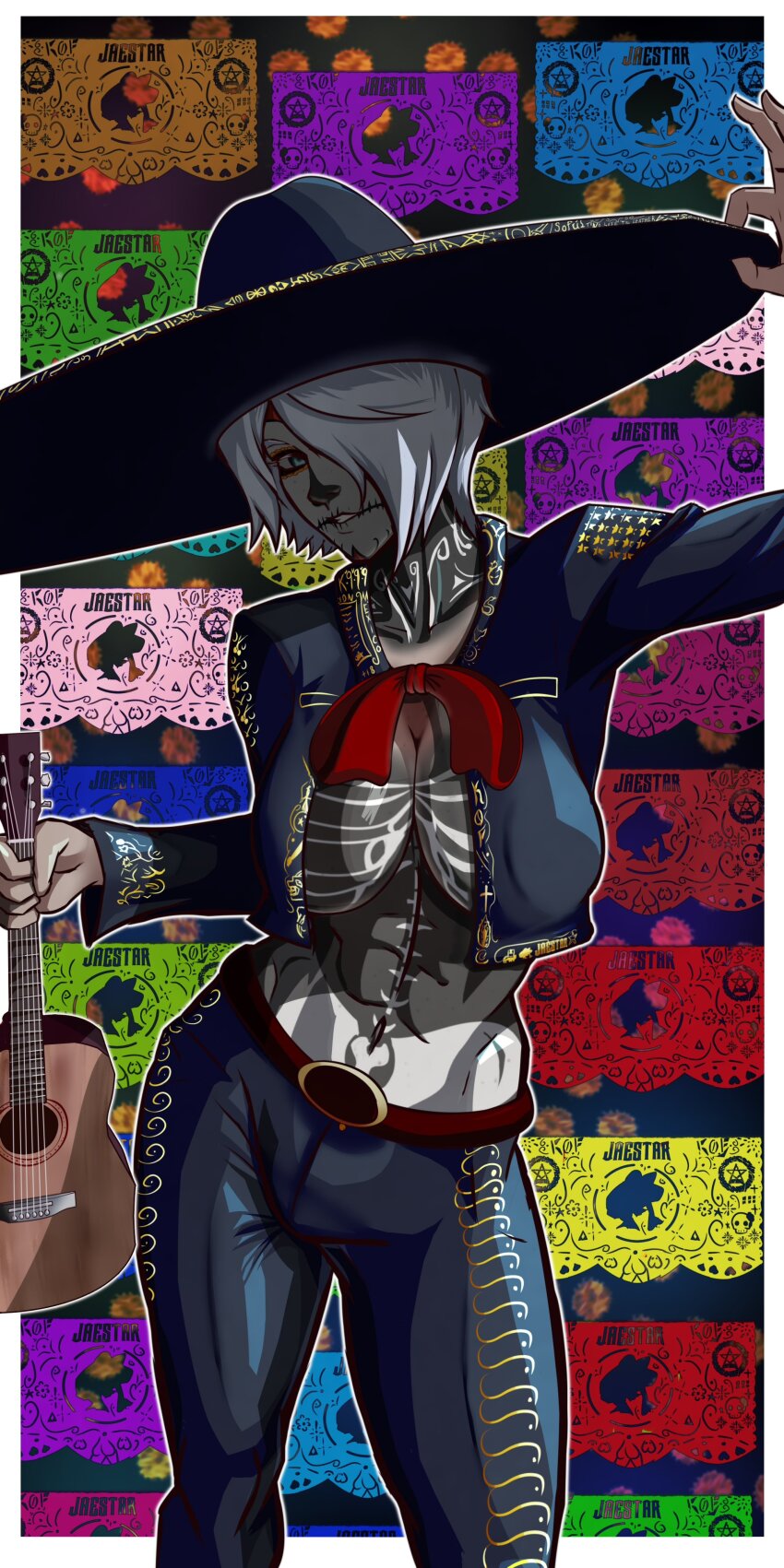 1girl absurdres acoustic_guitar angel_(kof) blue_eyes breasts charro dia_de_muertos guitar hair_over_one_eye hat highres instrument jacket jaestarj large_breasts looking_at_viewer mariachi mexican_clothes mexican_dress mexico midriff naked_jacket navel no_bra papel_picado short_hair skeleton smile snk solo sombrero the_king_of_fighters toned toned_female white_hair
