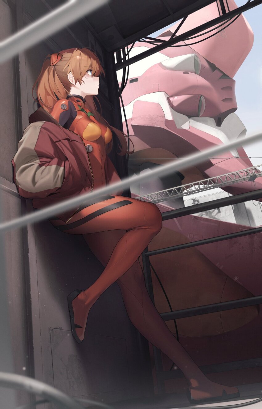 1girl against_wall blue_eyes bodysuit breasts closed_mouth commentary dutch_angle evangelion_(mecha) full_body hands_in_pockets highres jacket leg_up looking_at_object mecha_pilot_suit medium_breasts neon_genesis_evangelion nine_(kanine41) off_shoulder open_clothes open_jacket orange_hair outdoors plugsuit_(evangelion) red_bodysuit red_jacket solo souryuu_asuka_langley symbol-only_commentary twintails