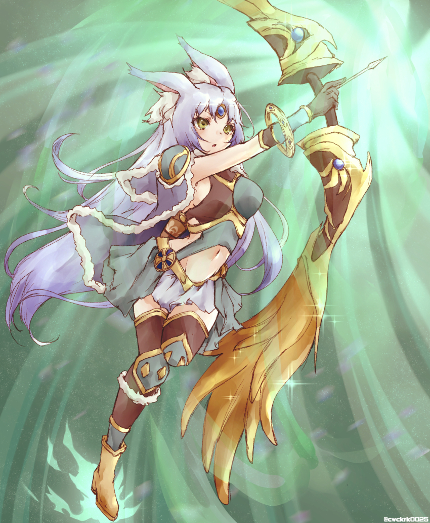 1girl animal_ear_fluff animal_ears apollousa_bow_of_the_goddess aqua_hair arrow_(projectile) asymmetrical_clothes black_thighhighs blush bow_(weapon) duel_monster forehead_jewel green_eyes highres holding holding_bow_(weapon) holding_weapon long_hair navel open_mouth skirt solo thighhighs tsui_(keruko2417) weapon white_skirt yu-gi-oh! zettai_ryouiki