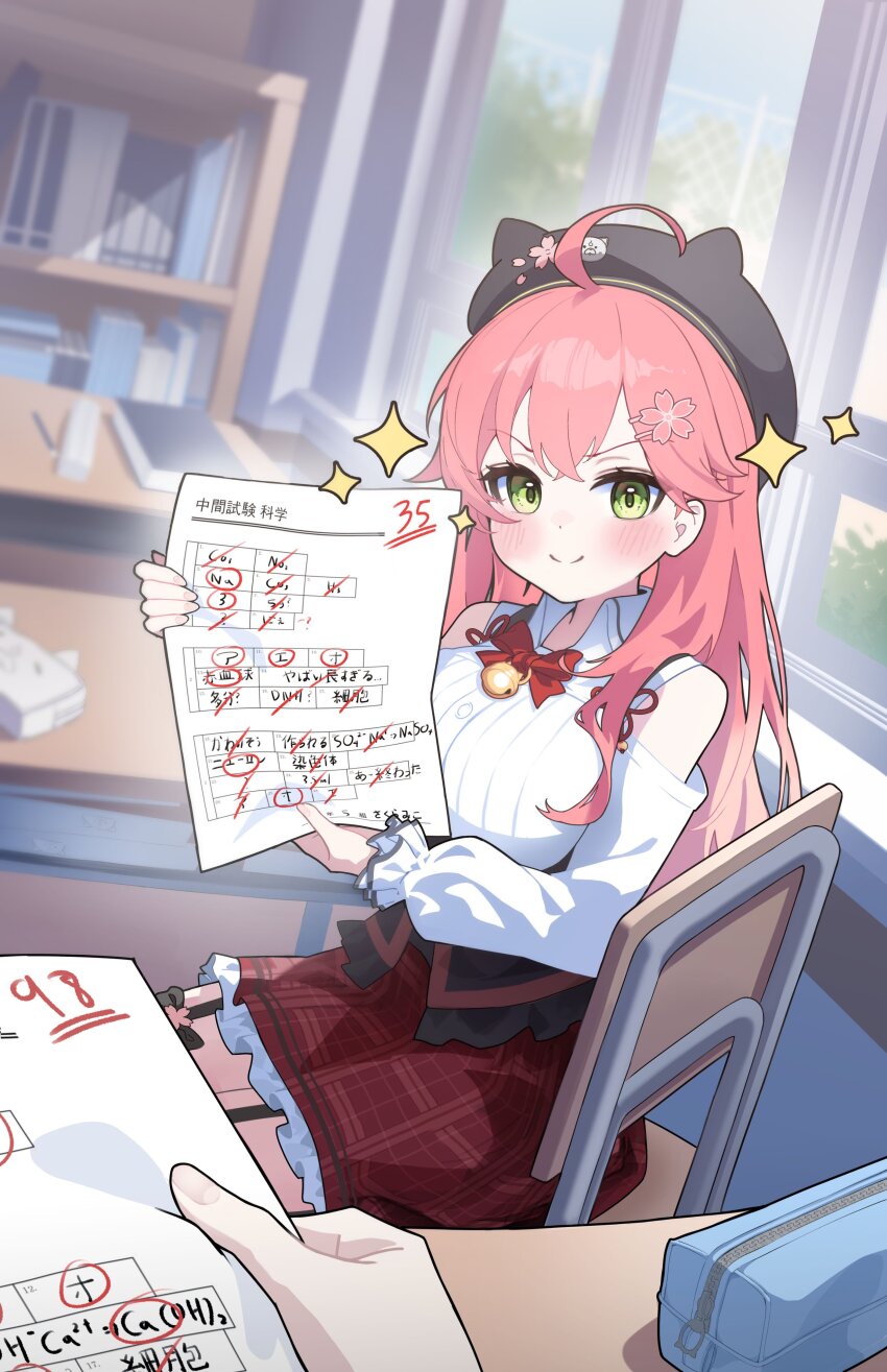 1girl absurdres academic_test ahoge animal_hat bell beret black_hat blush book bookshelf breasts cat_hat chair classroom closed_mouth clothing_cutout collared_shirt commentary_request crossed_bangs desk future_cake garter_straps green_eyes hair_ornament hat highres holding holding_paper hololive indoors jingle_bell large_breasts long_hair long_sleeves looking_at_viewer neck_bell official_alternate_costume paper pencil_case pink_hair plaid_clothes plaid_skirt pov pov_hands red_skirt sakura_miko sakura_miko_(casual) school_chair school_desk shirt shoulder_cutout sitting skirt smile solo_focus split_mouth test_score translation_request v-shaped_eyebrows virtual_youtuber white_shirt window