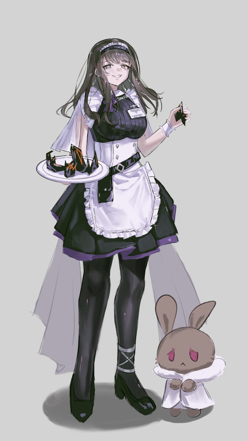 1girl absurdres alternate_costume apron arknights artist_name black_hairband black_pantyhose black_shoes bright_pupils brown_eyes brown_hair chinese_commentary commentary_request enmaided frilled_apron frilled_hairband frills full_body grey_background grin hairband highres holding holding_plate looking_at_viewer maid medium_hair pantyhose plate priestess_(arknights) sakiyo shoes simple_background smile standing waist_apron white_apron white_pupils wrist_cuffs