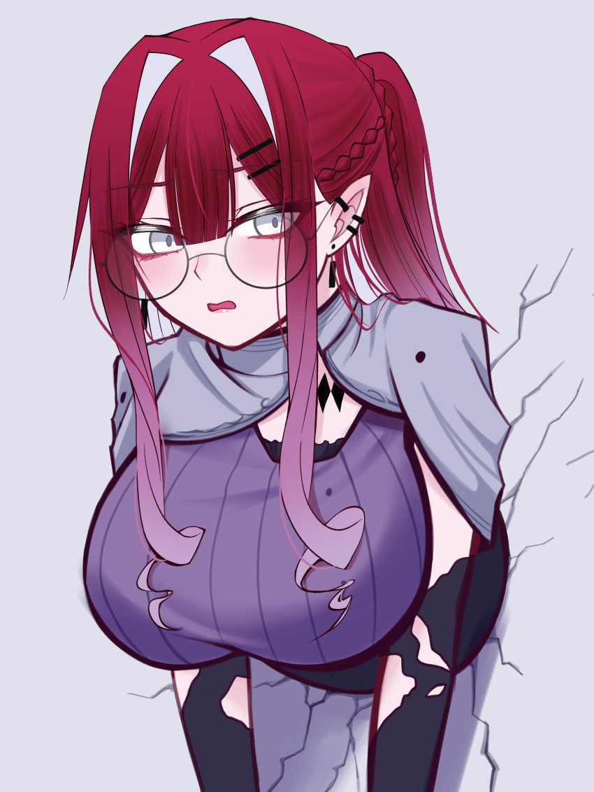 1girl absurdres baobhan_sith_(fate) baobhan_sith_(swimsuit_pretender)_(second_ascension)_(fate) blush breasts capelet detached_sleeves earrings fate/grand_order fate_(series) glasses glory_wall grey_capelet grey_eyes highres jewelry large_breasts long_hair mcpc_zamurai pink_hair pointy_ears purple_shirt round_eyewear shirt sidelocks solo through_wall