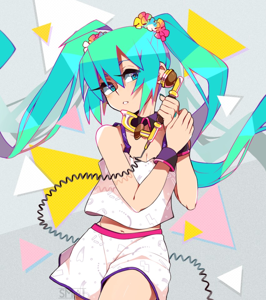 1girl aqua_eyes aqua_hair breasts cable camisole cleavage commentary detached_collar female_focus hatsune_miku highres long_hair navel phone sami_briggs scrunchie shorts small_breasts solo very_long_hair vocaloid wrist_cuffs