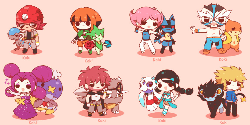 4boys 4girls :d aqua_bow artist_name barefoot bastiodon black_cape black_footwear black_hair black_shirt blonde_hair blue_flower blue_gloves blue_jacket blue_pants blue_rose blue_shirt blue_socks bow braid brown_hair brown_jacket brown_pants brown_shorts brown_skirt byron_(pokemon) candice_(pokemon) cape chibi closed_eyes closed_mouth clothes_around_waist commentary cranidos crasher_wake dress drifblim english_commentary eyelashes facial_hair fang fantina_(pokemon) fingerless_gloves floating floatzel flower froslass full_body game_freak gardenia_(pokemon) gen_3_pokemon gen_4_pokemon glasses gloves green_footwear green_poncho half-closed_eyes helmet highres holding holding_poke_ball holding_shovel jacket koki_arts long_hair looking_back lucario luxray maylene_(pokemon) mining_helmet multicolored_hair multiple_boys multiple_girls nintendo open_clothes open_jacket open_mouth orange_shoes outstretched_arm outstretched_arms pants pink_background pink_hair poke_ball poke_ball_(basic) pokemon pokemon_(creature) pokemon_dppt poncho purple_dress purple_hair red_flower red_hair red_helmet red_rose roark_(pokemon) rose roselia_(pokemon) shirt shoes short_hair shorts shovel simple_background skirt sleeveless sleeveless_shirt smile socks sparkle spiked_hair spread_arms standing standing_on_one_leg striped_clothes striped_socks sweater sweater_around_waist topless_male twin_braids twintails two-tone_hair two-tone_socks v v-shaped_eyebrows volkner_(pokemon) white_gloves white_pants white_shirt white_socks wrestling_mask