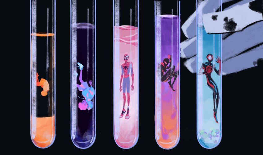 5boys bodysuit golden_hour highres marvel miles_morales multiple_boys shoes sneakers spider-man:_into_the_spider-verse spider-man_(miles_morales) spider-man_(series) spider-verse spot_(marvel) sssssss20350078 test_tube