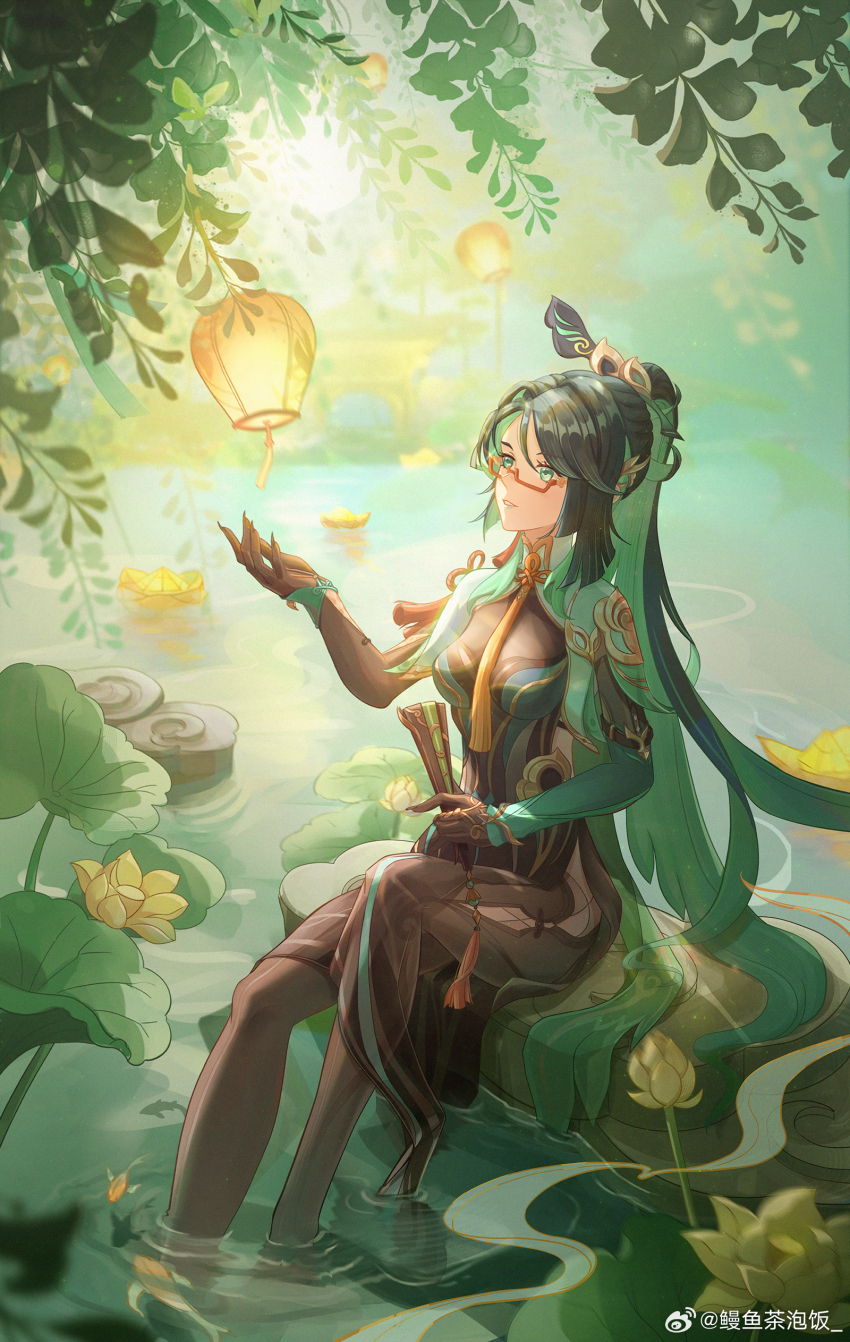 1girl absurdres black_hair chinese_clothes closed_mouth colored_inner_hair dress fish flower folding_fan genshin_impact glasses gloves goldfish green_eyes green_hair hair_ornament hand_fan high_ponytail highres holding lake lantern leaf long_hair lotus lotus_lantern lotus_leaf manyu_chapaofan multicolored_hair paper_lantern ponytail sitting sky_lantern soaking_feet solo streaked_hair water watermark weibo_username weibo_watermark xianyun_(genshin_impact)