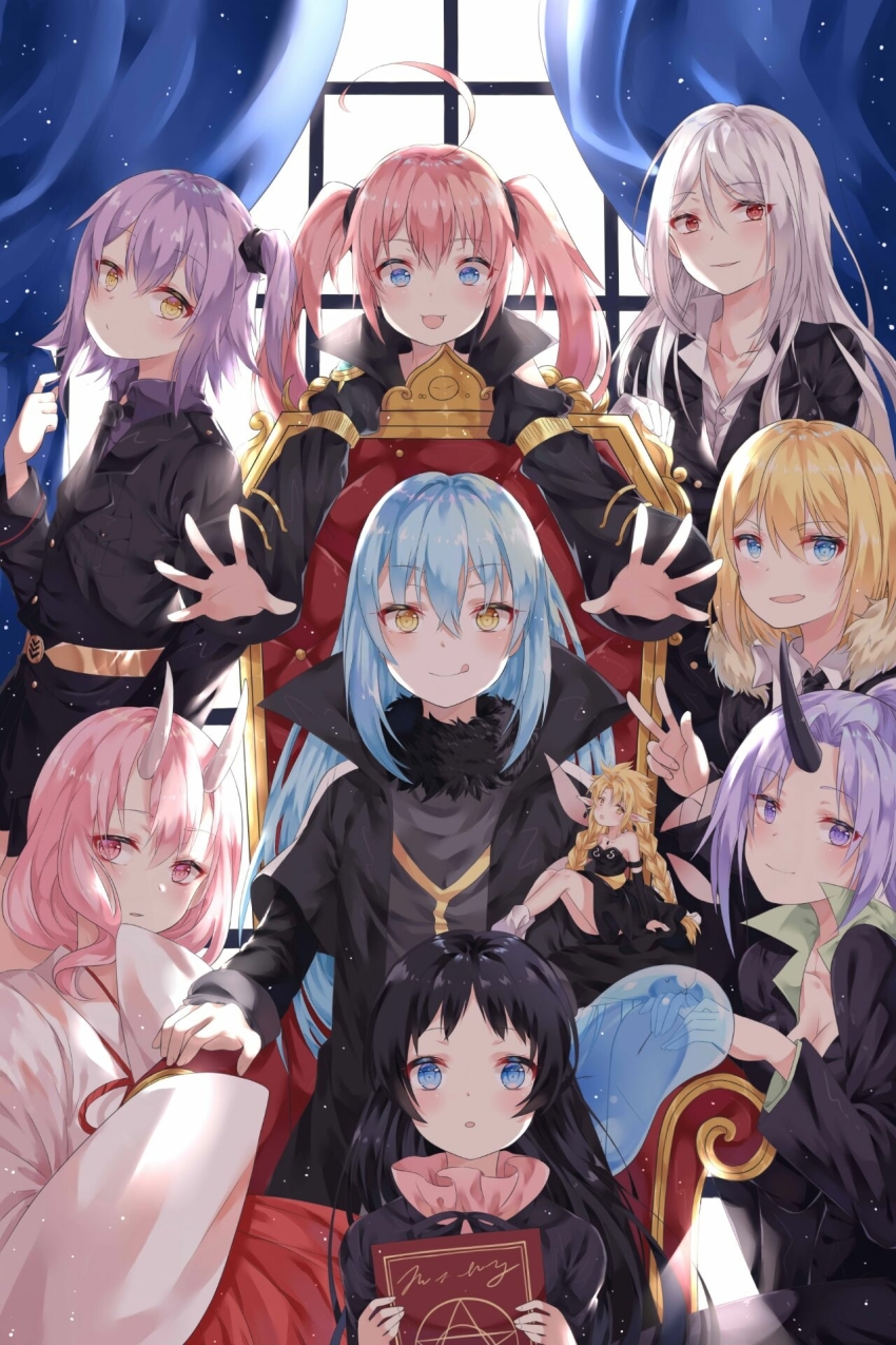 1other 6+girls ahoge androgynous black_hair black_horns blonde_hair blue_eyes blue_hair book braid bridal_gauntlets carrera_(tensura) chloe_aubert closed_mouth collar collarbone collared_shirt curtains fairy fairy_wings formal_clothes fur fur_collar fur_trim hair_between_eyes highres horn horns japanese_clothes kimono long_hair long_sleeves looking_at_viewer milim_nava military military_uniform mini_person minigirl multiple_girls nail_polish necktie office_lady oni oni_girl oni_horn oni_horns open_mouth pink_eyes pink_hair ponytail purple_eyes purple_hair ramiris red_eyes ribbon rimuru_tempest shion_(tensura) shirt shuna_(tensura) side_ponytail single_horn sitting sitting_on_object size_difference slime_(creature) smile suit tensei_shitara_slime_datta_ken testarossa_(tensura) throne twintails ultima_(tensura) white_hair white_horns window wings yellow_eyes yozora_(33968397)
