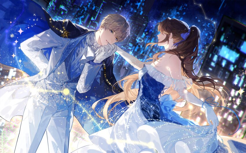 1boy 1girl absurdres arm_behind_back ascot back_bow black_cape blue_bow blue_cape blue_dress blue_eyes blurry blurry_background bow braid brown_hair cape chinese_commentary chromatic_aberration city coat coattails commentary_request constellation dress formal_clothes french_braid gloves grey_hair hair_bow hand_on_another&#039;s_cheek hand_on_another&#039;s_face hetero highres holding_hands lace lace_gloves light_particles long_hair long_sleeves looking_at_another love_and_deepspace off-shoulder_dress off_shoulder open_clothes open_coat outdoors protagonist_(love_and_deepspace) short_hair skirt_hold smile star_(symbol) suit two-sided_cape two-sided_fabric two-tone_dress vest white_ascot white_coat white_dress white_gloves white_suit white_vest xavier_(love_and_deepspace) xiandao1213