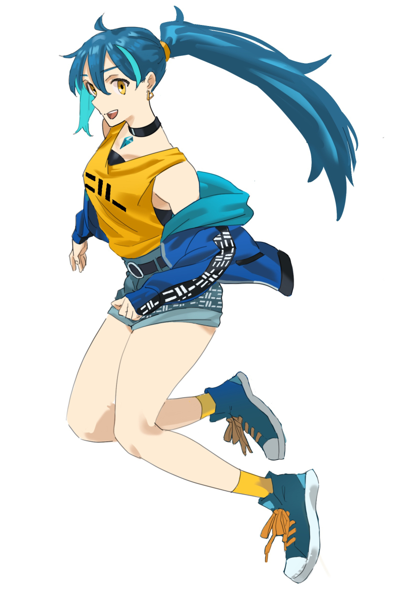 1girl bare_shoulders belt billyonthestraw blue_hair blue_shoes choker hair_between_eyes highres indie_virtual_youtuber jacket legs long_hair long_sleeves open_mouth original ponytail shoes shorts sneakers socks tank_top teeth thighs tongue upper_teeth_only very_long_hair yellow_eyes yellow_socks yellow_tank_top