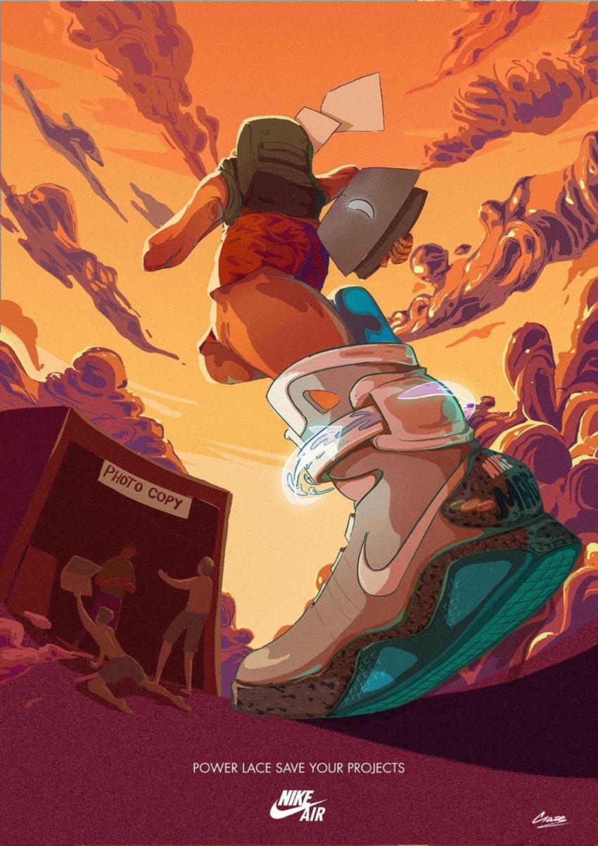 1boy back_to_the_future backpack bag cloud commentary computer english_commentary english_text from_below giate highres holding holding_laptop laptop logo male_focus nike_(company) nike_mag original papers perspective red_shorts running shadow shorts sky solo solo_focus