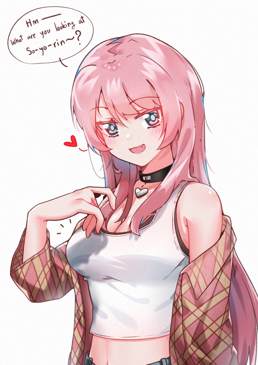 1girl absurdres bang_dream! bang_dream!_it&#039;s_mygo!!!!! black_choker blush breasts brown_jacket chihaya_anon choker cleavage commentary english_commentary english_text fang grey_eyes heart heart_choker highres implied_yuri jacket long_hair medium_breasts midriff mizzterbii open_clothes open_jacket open_mouth pink_hair simple_background solo tank_top white_background white_tank_top