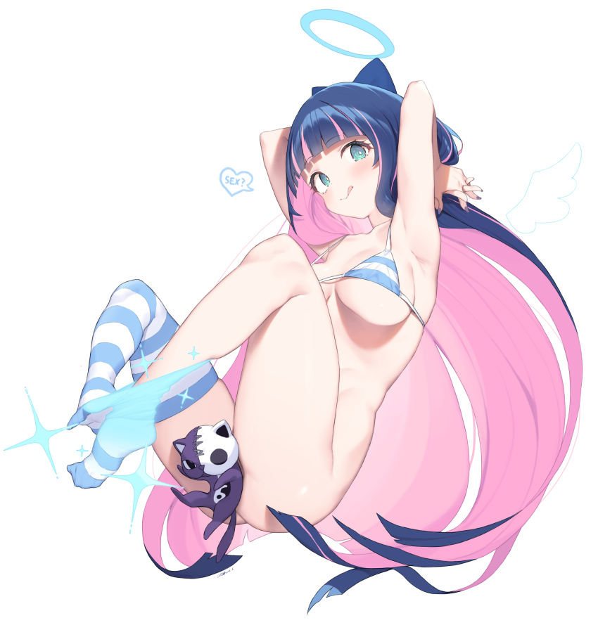 1girl absurdres ass bikini bikini_top_only blue_eyes blue_hair blush bottomless breasts cloba colored_inner_hair convenient_censoring english_text halo highres honekoneko_(psg) large_breasts long_hair multicolored_hair no_panties panty_&amp;_stocking_with_garterbelt pink_hair smile solo speech_bubble spread_toes stocking_(psg) striped_clothes striped_thighhighs stuffed_animal stuffed_cat stuffed_toy swimsuit thighhighs toes two-tone_hair undressing
