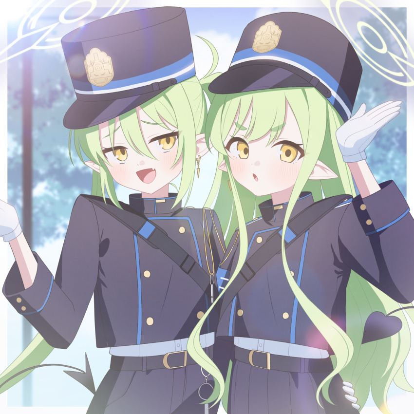 2girls black_tail blue_archive buttons commentary_request demon_tail double-breasted fang gloves green_hair green_halo halo hat highres hikari_(blue_archive) kaerunrun long_hair multiple_girls nozomi_(blue_archive) open_mouth peaked_cap pointy_ears revision siblings sisters skin_fang tail train_conductor twins twintails white_gloves