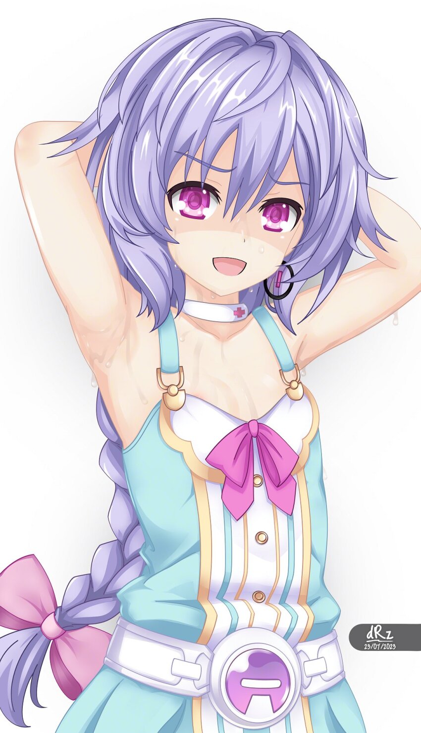 1girl areola_slip armpits arms_behind_head artist_name braid breasts dhiparizky hair_ribbon highres neptune_(series) open_mouth pink_eyes purple_hair pururut ribbon shaded_face small_breasts smile solo sweat