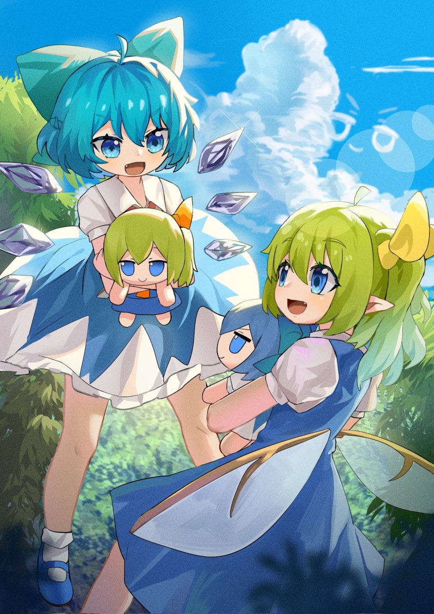 2girls :d ahoge blue_bow blue_dress blue_eyes blue_footwear blue_hair bow character_doll cirno cloud cloudy_sky collared_shirt commentary_request daiyousei day doll dress fairy_wings fang forest frilled_skirt frills fumo_(doll) green_hair hair_bow hair_ribbon highres hxj_(2324184595) ice ice_wings looking_at_another mary_janes multiple_girls nature hugging_object one_side_up open_mouth pinafore_dress pointy_ears puffy_short_sleeves puffy_sleeves ribbon shirt shoes short_sleeves skirt sky sleeveless_dress smile socks stuffed_toy touhou white_shirt white_socks wings yellow_ribbon