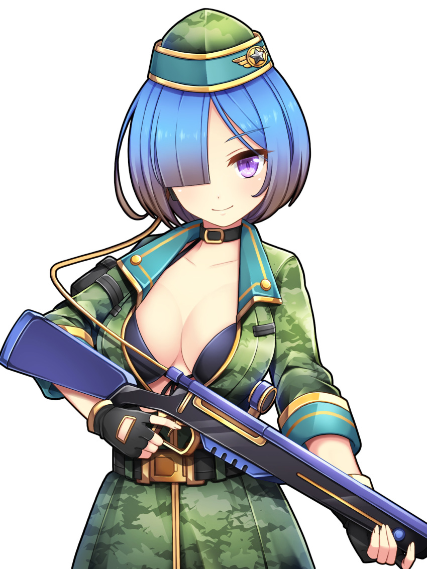 1girl arm_pouch belt bikini bikini_under_clothes black_bikini black_gloves blue_hair camouflage camouflage_shirt camouflage_skirt edamame_senpai female_focus fingerless_gloves gloves gradient_hair gun hair_over_one_eye hat highres holding holding_gun holding_weapon laguno_(vivid_army) looking_at_viewer military_hat multicolored_hair official_art parted_bangs purple_eyes rifle shirt short_hair short_sleeves simple_background skirt smile solo swimsuit vivid_army weapon white_background