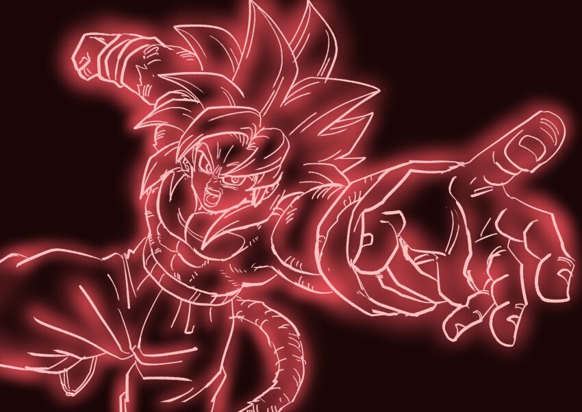 absurdres black_background body_fur clenched_hand dragon_ball dragon_ball_daima glowing highres lineart long_hair migatte07 monkey_tail muscular muscular_male red_theme simple_background son_goku spiked_hair super_saiyan super_saiyan_4 tail topless_male