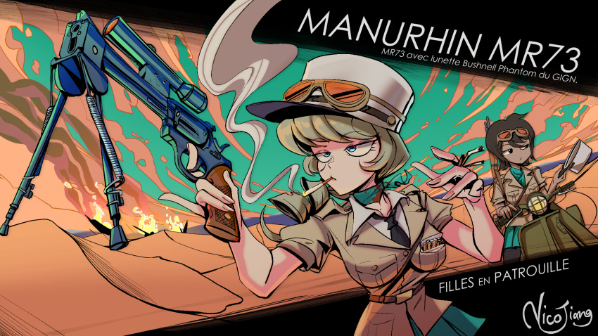 2girls bolt_action cigarette desert french_army goggles gun handgun hat highres josephine_leclerc kepi manurhin_mr73 mas-36 military military_hat military_uniform multiple_girls nico_jiang official_art original police police_uniform policewoman revolver rifle sand scope self-upload sleeves_rolled_up vespa_150_tap we_love_cold_war weapon yvette_de_castelnau