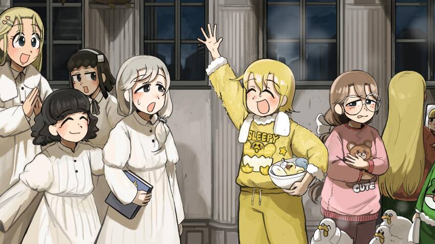 6+girls :d @_@ bible_(object) bird black_hair blonde_hair blue_eyes bow brown_hair chicken clothes_writing clumsy_nun_(diva) commentary diva_(hyxpk) duck english_commentary eyelashes froggy_nun_(diva) glasses glasses_nun_(diva) green_pajamas grey_hair hair_bow hair_ornament hairband hairpin heart heart_hair_ornament highres little_nuns_(diva) long_hair multiple_girls night open_mouth pajamas pink_pajamas round_eyewear rubber_duck short_hair smile spicy_nun_(diva) white_bow white_gown yellow_pajamas