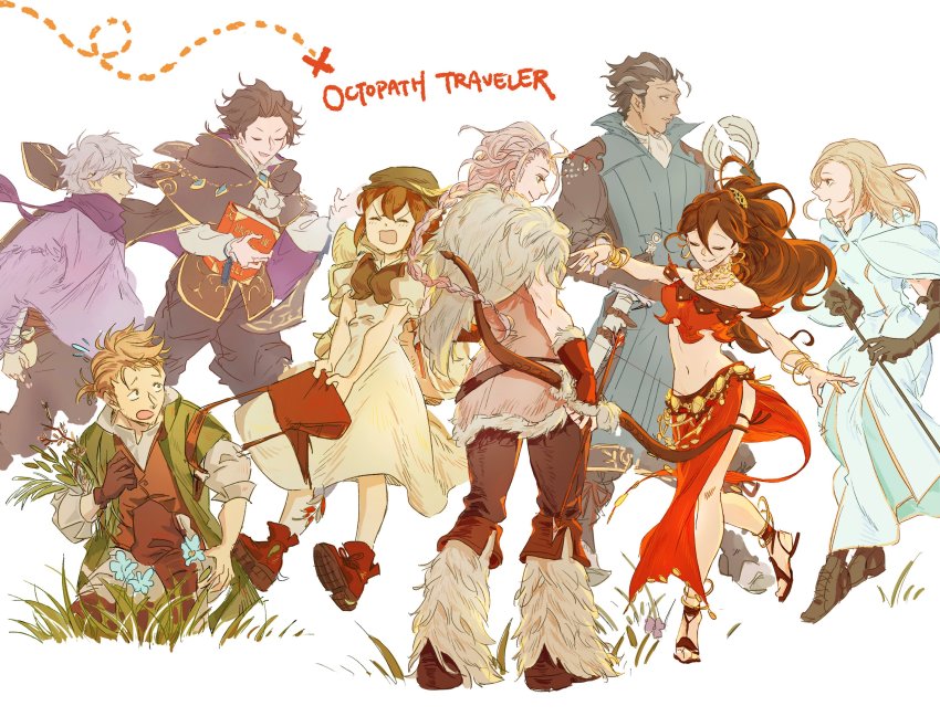 absurdres alfyn_(octopath_traveler) armor blonde_hair bracelet braid braided_ponytail brown_hair cloak cyrus_(octopath_traveler) dancer dress fringe_trim gloves h&#039;aanit_(octopath_traveler) hahahashagi hat highres jewelry linde_(octopath_traveler) long_hair multiple_boys multiple_girls necklace octopath_traveler octopath_traveler_i olberic_eisenberg open_mouth ophilia_(octopath_traveler) ponytail primrose_azelhart short_hair simple_background single_braid smile snow_leopard therion_(octopath_traveler) tressa_(octopath_traveler)