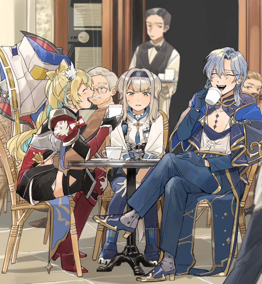 aqua_hair axe blonde_hair boots cafe chair crossed_legs gauntlets gloves grey_hair hairband highres koinko_(hunjinwashow) long_hair long_sleeves milan_kestrel mitarashi-dan multicolored_hair nijisanji outdoors shioriha_ruri shioriha_ruri_(1st_costume) sitting streaked_hair tachitsute_toto virtual_youtuber waiter