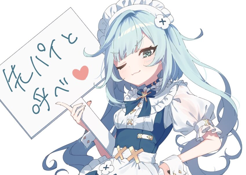 1girl :3 ;3 apron bib_collar blue_choker blue_eyes blue_hair blue_ribbon breasts choker closed_mouth commentary_request doyagao faruzan_(genshin_cafe_in_seoul)_(genshin_impact) faruzan_(genshin_impact) frilled_apron frilled_shirt_collar frilled_sleeves frills genshin_impact hand_on_own_hip hand_up heart holding holding_sign long_hair looking_ahead maid maid_apron maid_headdress mochizuki_mochi neck_ribbon official_alternate_costume one_eye_closed puffy_short_sleeves puffy_sleeves ribbon shirt short_sleeves sign simple_background small_breasts smile smug solo translation_request twintails underbust upper_body v-shaped_eyebrows waist_apron white_apron white_background white_shirt white_wrist_cuffs wrist_cuffs