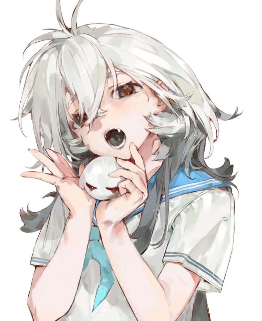 1girl aqua_neckerchief baifeidaiwang black_eyes black_serafuku black_tongue colored_tongue fangs grey_hair highres holding long_hair looking_at_viewer neckerchief open_mouth original red_pupils sailor_collar school_uniform serafuku shirt short_sleeves simple_background solo upper_body white_background white_shirt