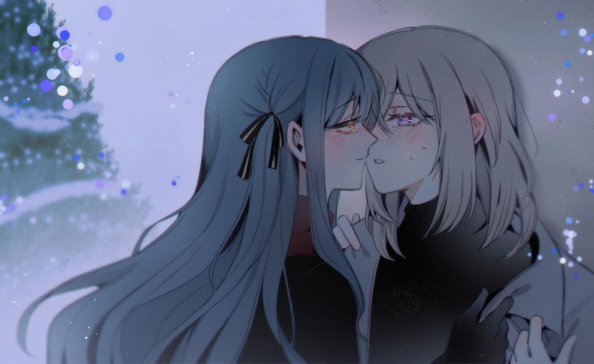 2girls bang_dream! bang_dream!_it&#039;s_mygo!!!!! black_gloves black_ribbon black_sweater blonde_hair blue_hair blush christmas_tree closed_mouth commentary ear_blush gloves grey_jacket hair_ribbon imminent_kiss jacket long_hair maybecrosswise medium_hair misumi_uika multiple_girls open_mouth purple_eyes ribbon sidelocks sweater togawa_sakiko upper_body yellow_eyes yuri