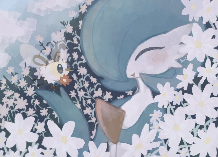 alternate_color blue_hair blue_skin bob_cut buri_(buri_pk) closed_eyes colored_skin cutiefly flower gardevoir gen_3_pokemon gen_7_pokemon hair_over_one_eye highres insect_wings multicolored_skin nintendo pokemon pokemon_(creature) red_flower shiny_pokemon signature smile two-tone_skin white_flower white_skin wings