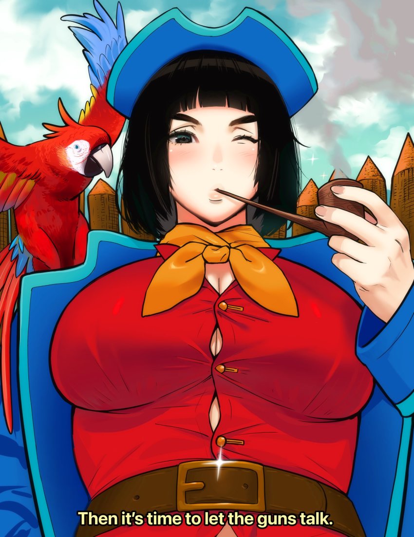 1girl aa2mee bird black_hair breasts cleavage english_text genderswap highres huge_breasts long_john_silver one_eye_closed pipe treasure_island treasure_island_(1988) wink