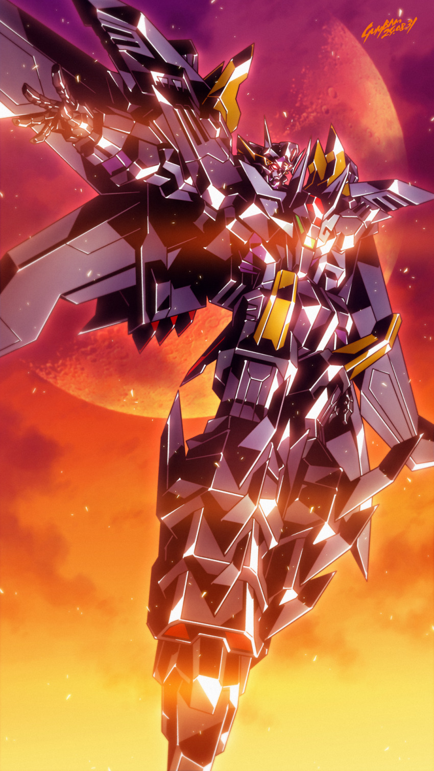 babamba character_request choujuu_kishin_dancouga dairyuga dancouga_(series) highres mecha mecha_focus mecha_request mechanical_wings moon no_humans red_eyes red_moon robot science_fiction solo super_robot wings