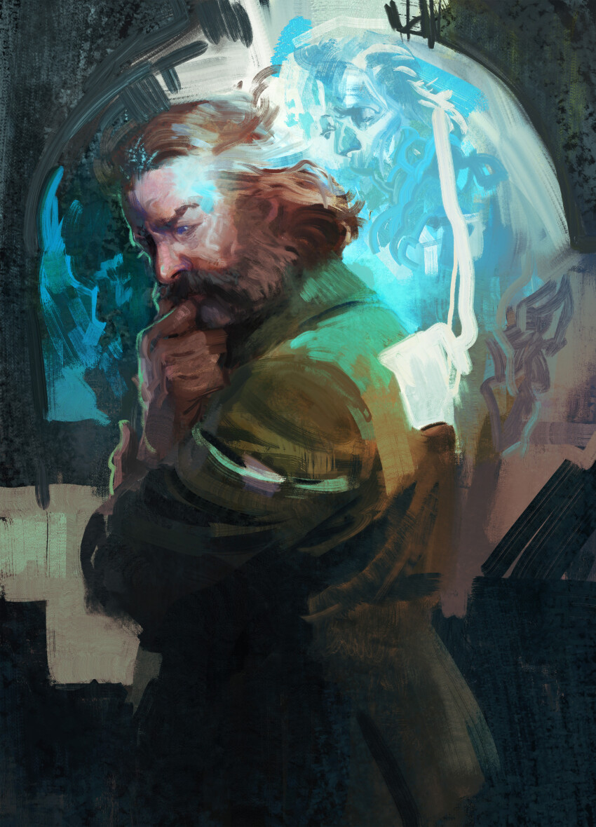 1boy abstract_background absurdres aleksander_rostov brown_hair brown_jacket cowboy_shot disco_elysium facial_hair from_side hand_to_own_mouth harry_du_bois highres jacket male_focus mature_male mustache official_art painterly realistic short_hair sideburns solo