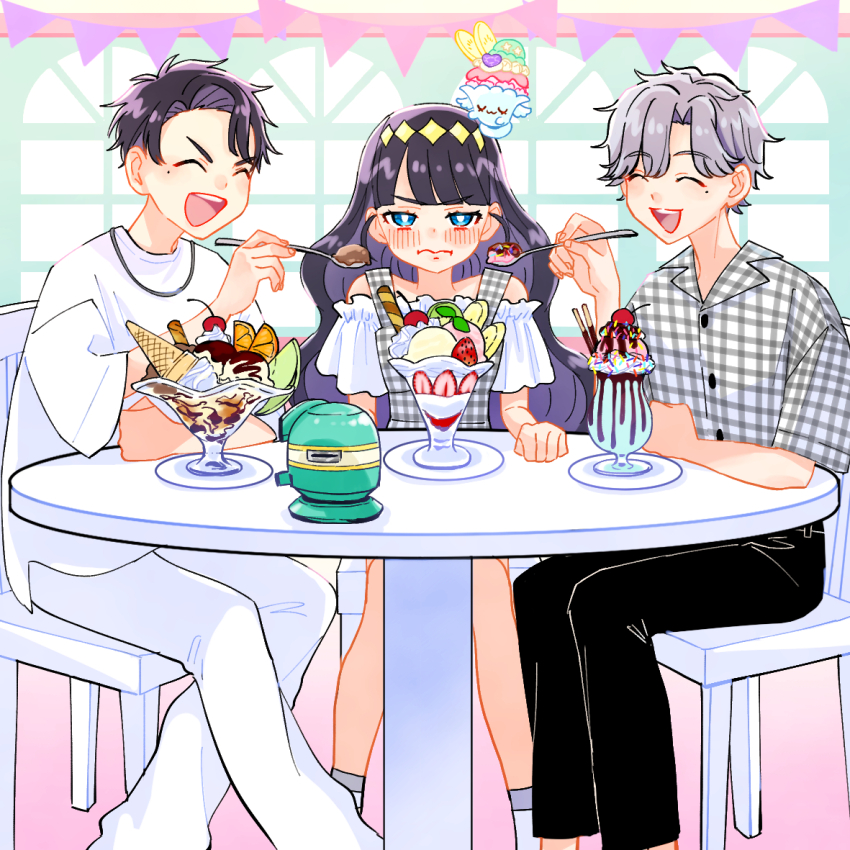 1girl 2boys black_hair black_pants blue_eyes blunt_bangs blush bright_pupils brother_and_sister brothers chair cherry closed_eyes closed_mouth collared_shirt commentary delicious_party_precure dress feeding food frown fruit glaring grey_dress grey_hair grey_shirt hair_ornament half-closed_eyes holding holding_spoon ice_cream indoors kasai_amane kasai_mitsuki kasai_yuan lemon lemon_slice long_hair melon melon_slice mole mole_under_eye multiple_boys off-shoulder_shirt off_shoulder orange_(fruit) orange_slice pants parfait parfait_recipipi plaid_clothes plaid_dress plaid_shirt pocky precure recipipi shirt short_hair siblings spoon strawberry string string_of_fate t-shirt table ton_(ton39342104) wavy_mouth white_pants white_pupils white_shirt window