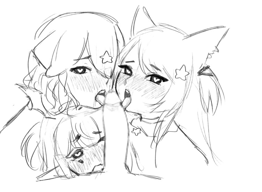 absurdres animal_ears annytf bao_(vtuber) camila_(vtuber) fellatio heart heart-shaped_pupils highres indie_virtual_youtuber oral otjareniy penis pointy_ears precum symbol-shaped_pupils virtual_youtuber