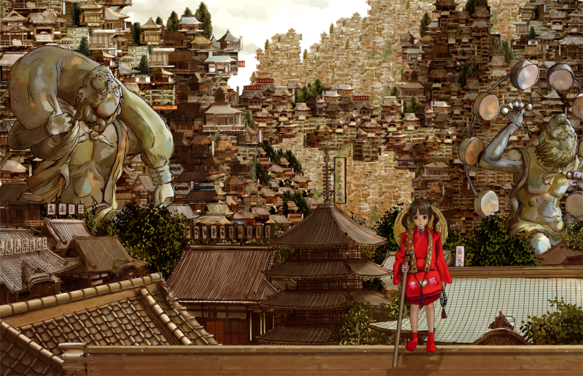 1girl architecture brown_hair city cityscape east_asian_architecture fuujin_(mythology) hat japanese_clothes katou_fumitaka long_hair looking_at_viewer original raijin_(mythology) staff statue tabi tower traditional_clothes tree twintails