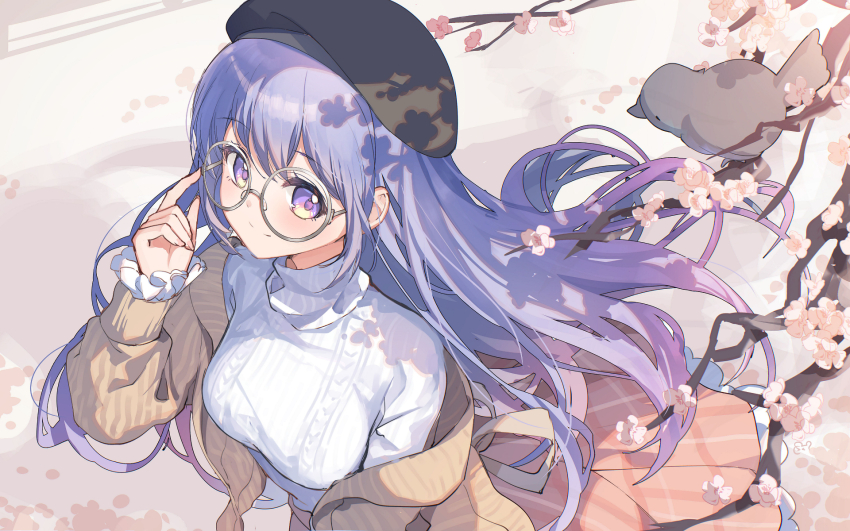 1girl beret bird bison_cangshu black_hat breasts brown_cardigan cardigan cherry_blossoms closed_mouth commentary_request glasses hand_up hat highres indie_virtual_youtuber long_hair long_sleeves looking_at_viewer medium_breasts off_shoulder open_cardigan open_clothes pink_skirt purple_eyes purple_hair ribbed_sweater round_eyewear rutice skirt smile solo sweater very_long_hair virtual_youtuber white_sweater