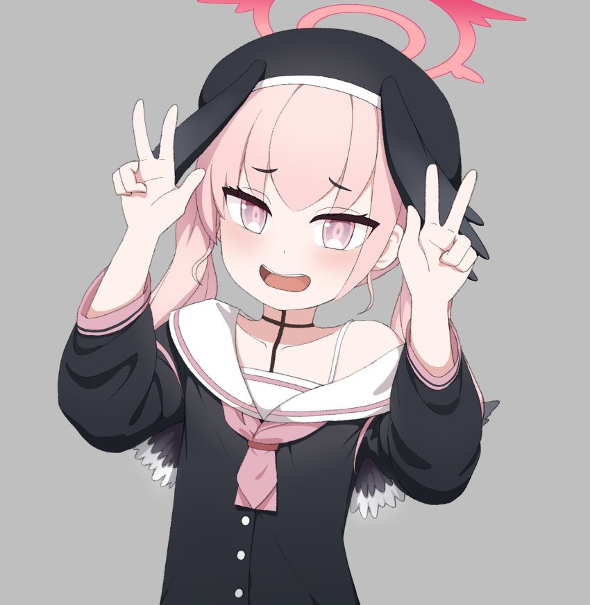 1girl black_hat black_shirt blue_archive blush buttons double_w grey_background halo hands_up hat head_wings highres koharu_(blue_archive) kutsusama long_hair long_sleeves looking_at_viewer neckerchief open_mouth pink_eyes pink_neckerchief sailor_collar shirt simple_background smile solo twintails upper_body v w wings