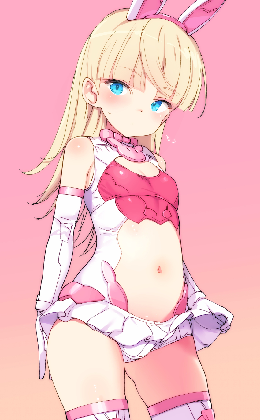 1girl 30_minutes_sisters absurdres animal_ears blonde_hair blue_eyes breasts clothes_lift clothing_cutout elbow_gloves fake_animal_ears gloves gluteal_fold highres leotard lifting_own_clothes lirinel_(30ms) long_hair microskirt multicolored_leotard navel pink_background pink_leotard rabbit_ears shimada_fumikane simple_background skirt skirt_lift small_breasts solo stomach_cutout thighhighs thighs two-tone_leotard white_gloves white_leotard white_skirt white_thighhighs