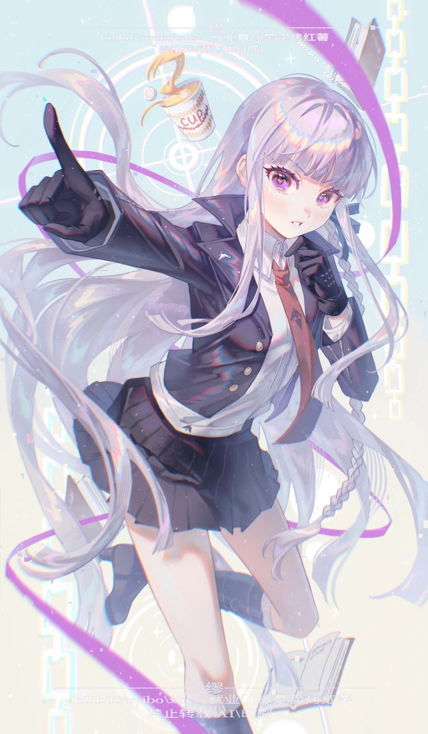 1girl absurdres black_boots black_gloves black_jacket black_skirt blue_background blunt_bangs boots braid buttons chain chromatic_aberration clenched_teeth collared_shirt colored_eyelashes commentary_request cup_ramen danganronpa:_trigger_happy_havoc danganronpa_(series) foot_out_of_frame foreshortening gloves gradient_background hand_on_own_chin highres jacket jiuye_mubiao_shi_mai_kao_hongshu kirigiri_kyoko knee_boots kneehighs layered_sleeves light_particles long_hair long_sleeves looking_at_viewer miniskirt necktie open_clothes open_jacket pleated_skirt pointing purple_eyes purple_hair red_necktie shirt sidelocks simple_background skirt socks solo standing standing_on_one_leg teeth v-shaped_eyebrows white_shirt white_socks yellow_background