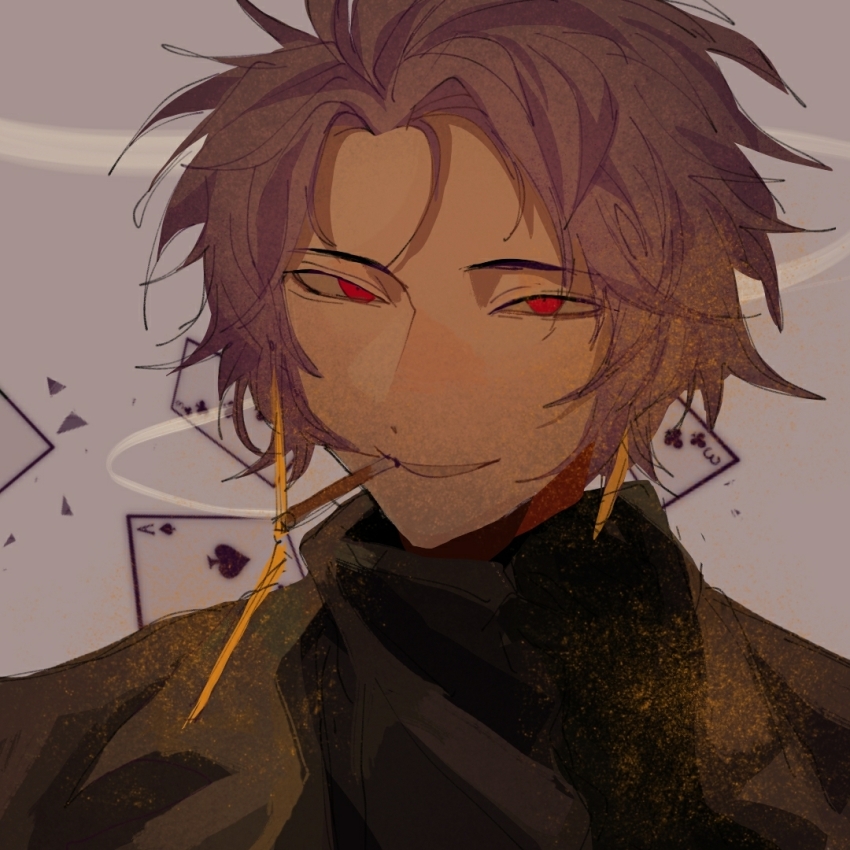 1boy beiquqian black_jacket black_sweater card chinese_commentary cigarette commentary_request earrings grey_background grin jacket jewelry looking_at_viewer male_focus open_clothes open_jacket pink_hair playing_card portrait red_eyes saibou_shinkyoku short_hair smile smoke smoking solo sweater theodore_riddle turtleneck turtleneck_sweater variant_set