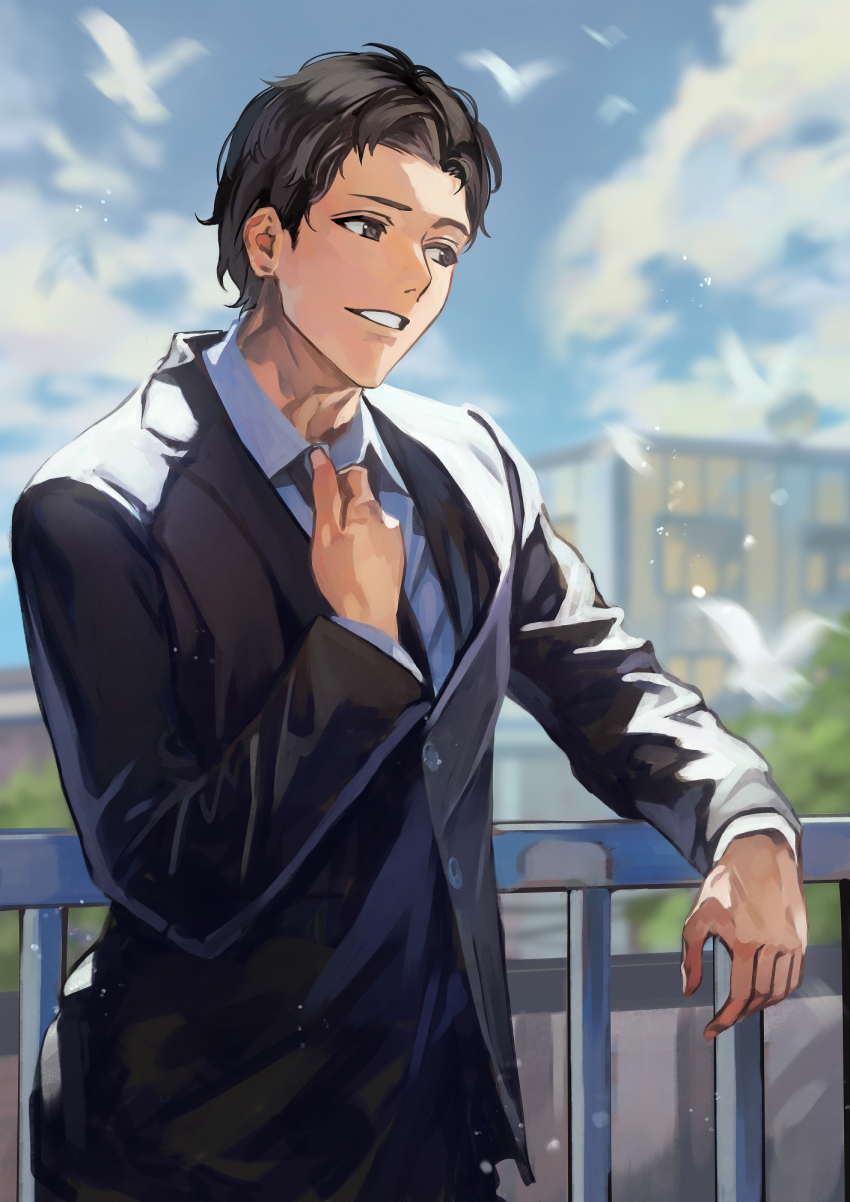 1boy adjusting_clothes adjusting_necktie against_railing arm_rest black_necktie black_suit blurry blurry_background brown_eyes brown_hair formal_clothes highres idolmaster idolmaster_shiny_colors looking_to_the_side male_focus necktie otsudou producer_(idolmaster) railing shirt short_hair simple_bird sky smile solo suit upper_body white_shirt