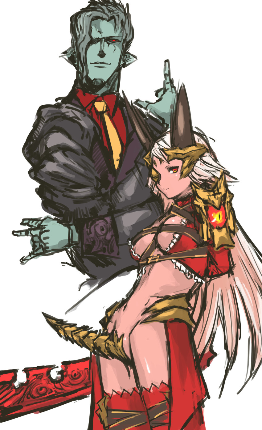 1boy 1girl absurdres aldra_(queen&#039;s_blade) belt_bra breasts delmore eyepatch highres horns jojo_no_kimyou_na_bouken kuujou_joutarou long_hair nameo_(judgemasterkou) parody queen&#039;s_blade revealing_clothes silver_hair stand_(jojo) star_platinum stardust_crusaders yellow_eyes